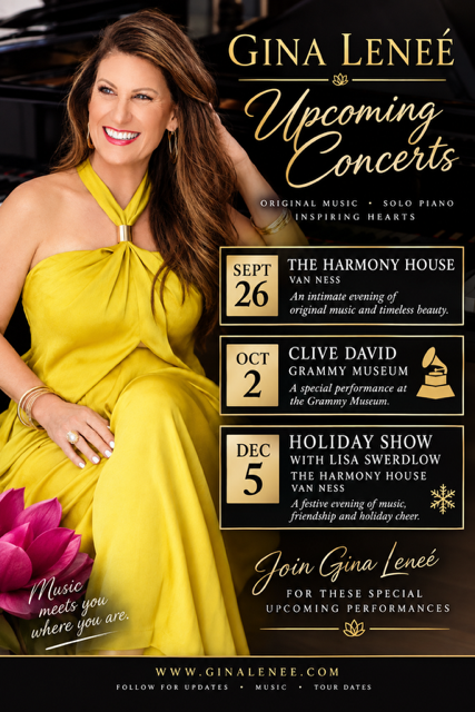 Gina Leneé concert calendar flyer showing the past September 26 date and upcoming October 2 and December 5 dates.